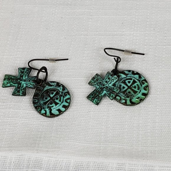 Greek Medallion Green Patina Antique Bronze Cross/Coin Dangle Earrings - Picture 4 of 6